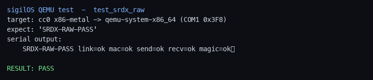 SRDX-RAW-PASS: direct raw-NIC loopback via srdx_wire_raw_send/recv, sys 113-116