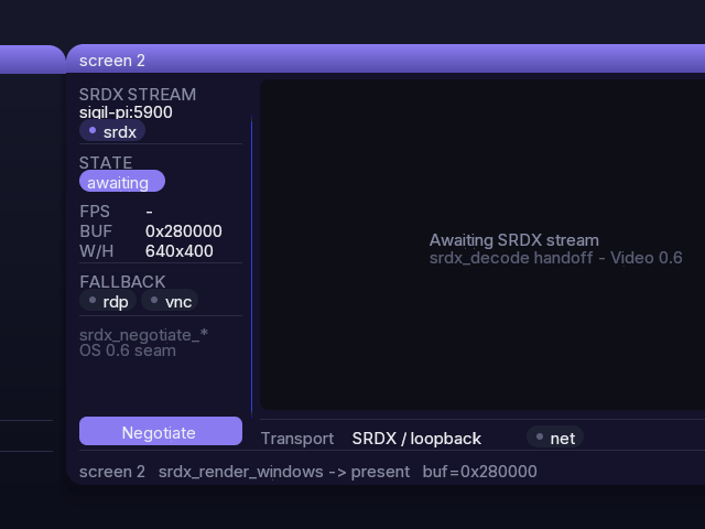 SRDX viewer (viewer.sg) — Lumen app presenting the remote canvas; STATE=awaiting, waiting for e1000 real-silicon driver